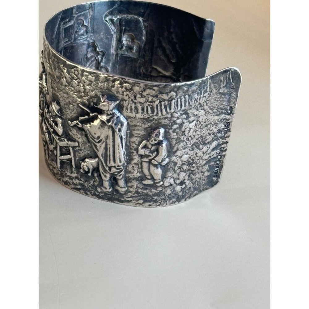 Vintage Denmark Repousse Story Scene Hans Jensen Silverplate Wide Cuff Bracelet - Picture 5 of 9